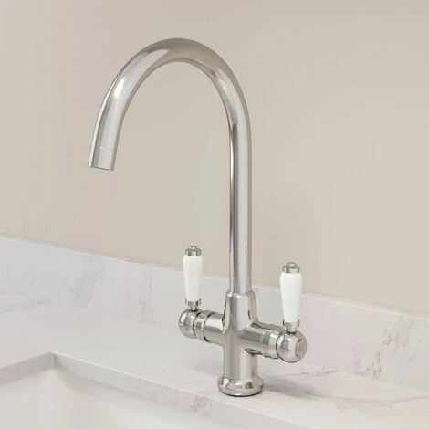 Sauber Traditional Mono Kitchen Sink Mixer Tap Twin Lever Handles Spout Chrome