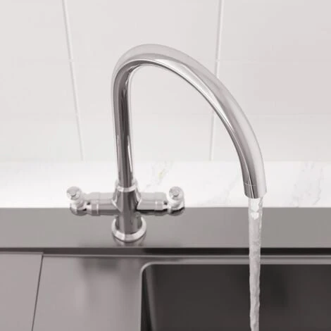Sauber Traditional Mono Kitchen Sink Mixer Tap Twin Lever Handles Spout Chrome - Image 3