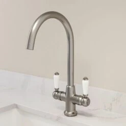 Traditional Mono Kitchen Sink Mixer Tap Twin Ceramic Lever Brushed Metal Faucet