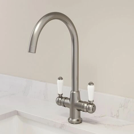 Traditional Mono Kitchen Sink Mixer Tap Twin Ceramic Lever Brushed Metal Faucet