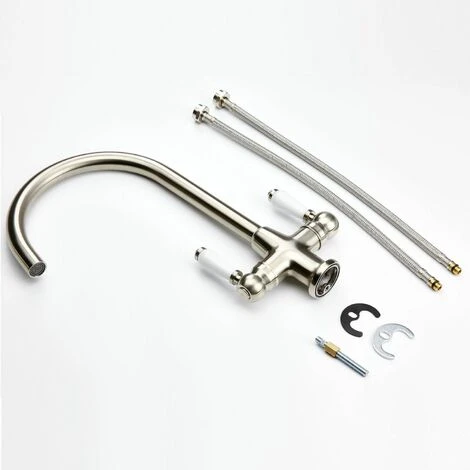 Traditional Mono Kitchen Sink Mixer Tap Twin Ceramic Lever Brushed Metal Faucet - Image 4