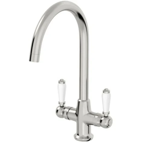 Traditional Mono Kitchen Sink Mixer Tap Twin Ceramic Lever Brushed Metal Faucet - Image 5