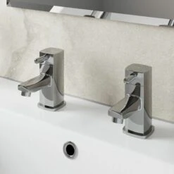 Modern Bathroom Hot & Cold Basin Taps Twin Square Chrome Lever Handles Cloakroom