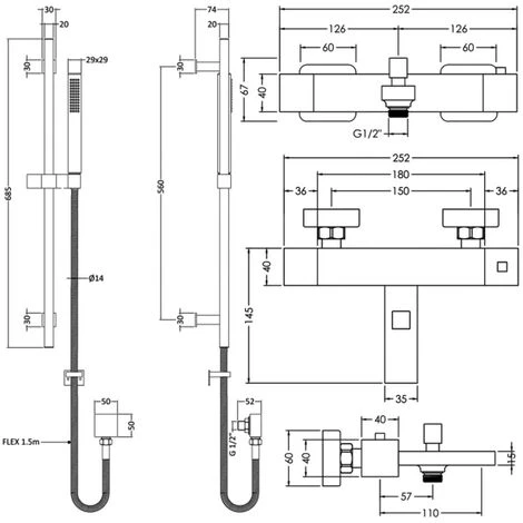 Hudson Reed Sanford Thermostatic Bath Shower Mixer With Kubix Slider Rail Kit - Chrome - Image 2