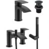 Vago Modern Waterfall Matte Black Design Basin Mixer Tap & Bath Shower Mixer Tap With Handset Kit + Waste