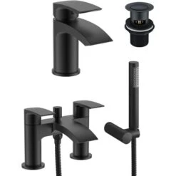 Vago Modern Waterfall Matte Black Design Basin Mixer Tap & Bath Shower Mixer Tap With Handset Kit + Waste