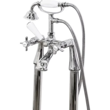 Edwardian Traditional Freestanding Chrome Bath Shower Mixer Tap With Handheld Kit - Image 3
