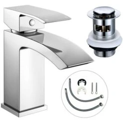 ARC Waterfall Basin Mixer Tap Chrome Basin Sink Mono Bathroom + Fixings + Waste