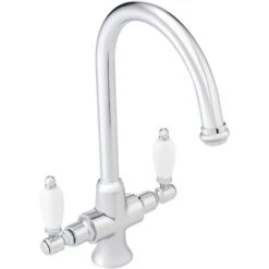 ENKI, Dorchester, KT041, Chrome Polished Brass Dual Flow Kitchen Sink Mixer Tap For Basin, With Twin White Levers Swivel Spout Perfect For Double Bowl Sinks, Easy Safe To Use Drip Free Ceramic Valve