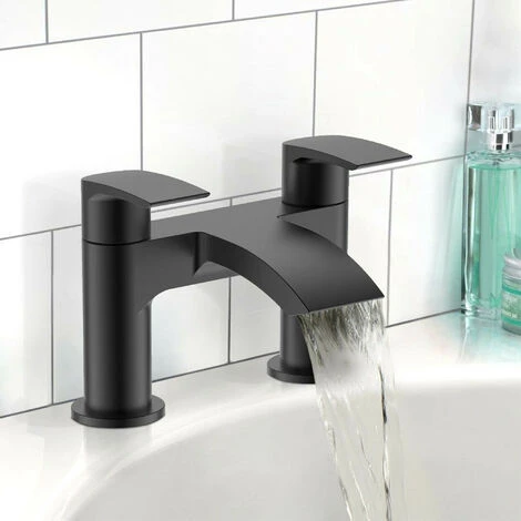 Black Matt Waterfall Bath Filler Tap Lever Round Deck Mounted Modern