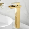 Bathroom Sink Faucet High Waterfall Spout For Washbasin, Modern Square Chrome Single Hole Cold And Hot Water Mixer Tap (Gold)