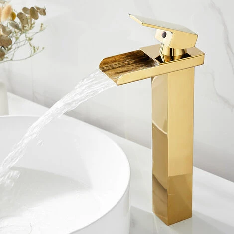 Bathroom Sink Faucet High Waterfall Spout For Washbasin, Modern Square Chrome Single Hole Cold And Hot Water Mixer Tap (Gold) - Image 2