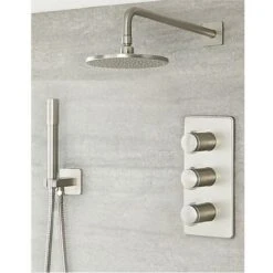 Milano Ashurst - Modern 2 Outlet Triple Thermostatic Mixer Shower Valve With 188mm Wall Mounted Round Rainfall Shower Head And Hand Shower Handset Kit – Brushed Nickel