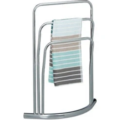 Relaxdays CURVY Towel Rack With 3 Towel Rails, Size: 85 X 66 X 20 Cm Free-Standing Towel Rack Towel Holder Made Of Metal In Stainless Steel Look As Bathroom Stand, Silver
