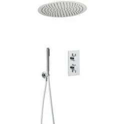 Milano Mirage - Modern 2 Outlet Twin Diverter Thermostatic Mixer Shower Valve With Ceiling Mounted 400mm Round Recessed Rainfall Shower Head And Hand Shower Handset Kit - Chrome