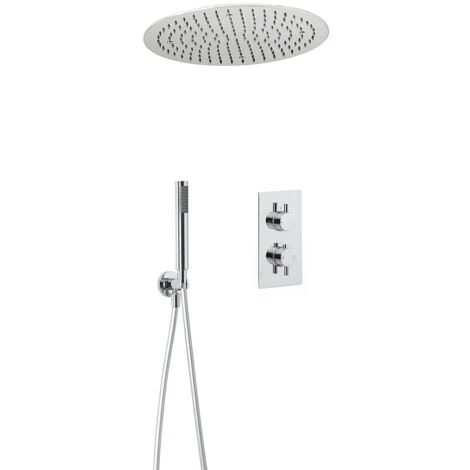 Milano Mirage - Modern 2 Outlet Twin Diverter Thermostatic Mixer Shower Valve With Ceiling Mounted 400mm Round Recessed Rainfall Shower Head And Hand Shower Handset Kit - Chrome