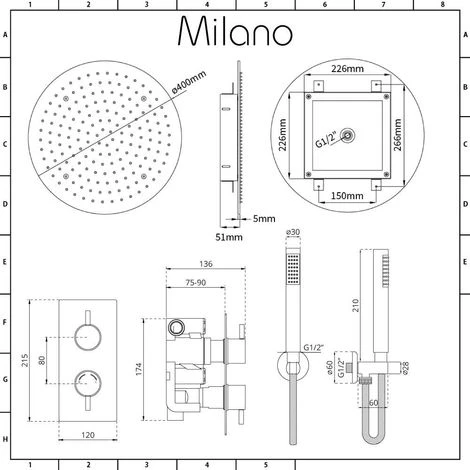 Milano Mirage - Modern 2 Outlet Twin Diverter Thermostatic Mixer Shower Valve With Ceiling Mounted 400mm Round Recessed Rainfall Shower Head And Hand Shower Handset Kit - Chrome - Image 5