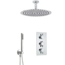 Milano Mirage - Modern 2 Outlet Triple Thermostatic Mixer Shower Valve With 300mm Ceiling Mounted Round Rainfall Shower Head And Hand Shower Handset Kit - Chrome