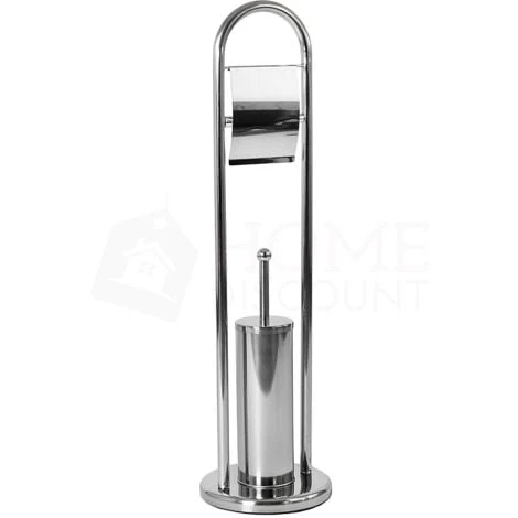 Toilet Brush & Paper Holder With Round Base Tissue Roll Storage, Silver - Image 3