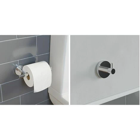 Bathroom Set Robe Hook Toilet Roll Holder Chrome Round Wall Mounted Stylish