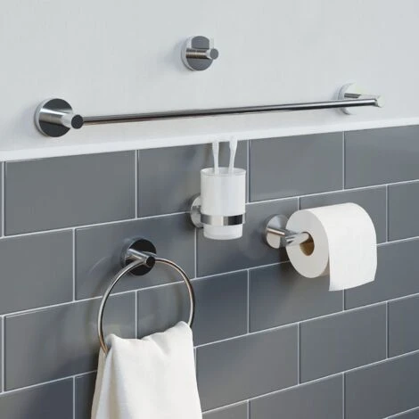 Bathroom Set Robe Hook Toilet Roll Holder Chrome Round Wall Mounted Stylish - Image 4