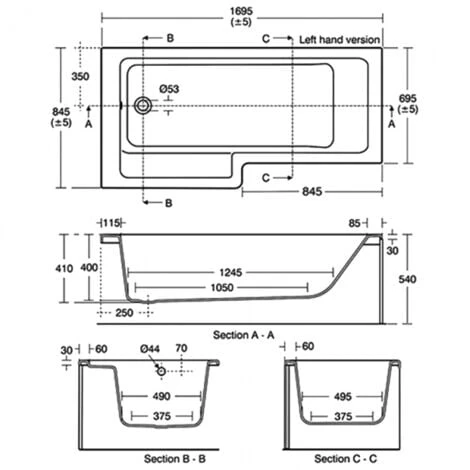 Ideal Standard Tempo Cube L-Shaped Shower Bath 1700mm X 700mm/850mm Left Handed 0 Tap Hole - Image 2