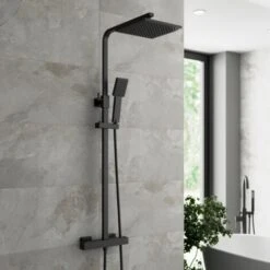 Bathroom Thermostatic Mixer Shower Set Square Black Twin Head Exposed Valve