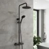 Bathroom Thermostatic Mixer Shower Set Round Matte Black Twin Head Exposed Valve