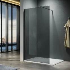 ELEGANT 1000mm Walkin Shower Enclosure Bathroom 8mm Grey Safety Easy Clean Glass For Bath Wetroom Walk In Shower Cubicle Screen Panels + Black Stainless Steel Support Bars