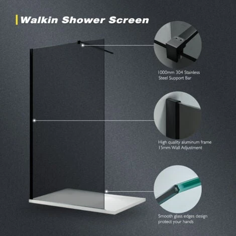 ELEGANT 1000mm Walkin Shower Enclosure Bathroom 8mm Grey Safety Easy Clean Glass For Bath Wetroom Walk In Shower Cubicle Screen Panels + Black Stainless Steel Support Bars - Image 2