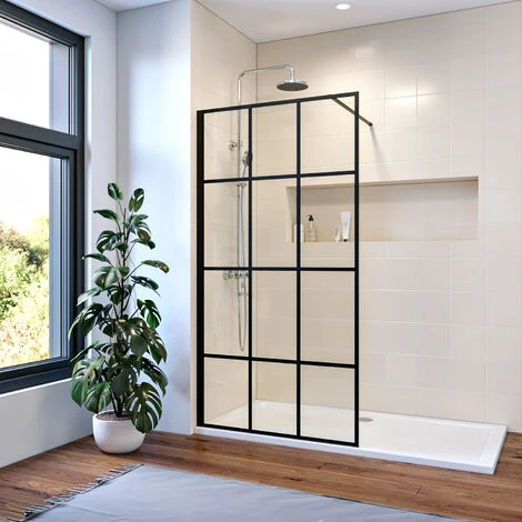 ELEGANT 1100mm Black Framed Walk In Shower Door 8mm Safety Tempered Glass Wet Room Shower Enclosure Include Stainless Steel Support Rod