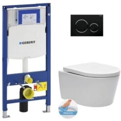 Geberit Toilet Set Frame With SAT Rimless Bowl And Invisible Fixings + Softclose Seat + Black Chrome Flush Plate (GebSatrimless-D)