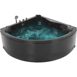 Modern Hot Tub Corner Bathtub Hydro Massage Jets LED Light Black Acrylic Baracoa