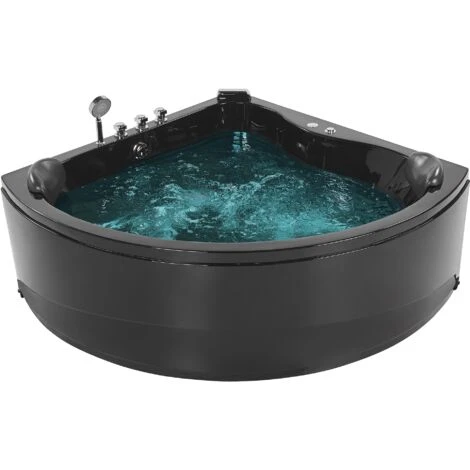 Modern Hot Tub Corner Bathtub Hydro Massage Jets LED Light Black Acrylic Baracoa