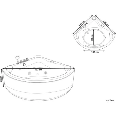 Modern Hot Tub Corner Bathtub Hydro Massage Jets LED Light Black Acrylic Baracoa - Image 3