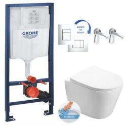 Grohe Toilet Set Frame + Swiss Aqua Technologies Infinitio Rimless WC , Invisible Fixing + Chrome Flush Plate (RapidSL-Infinitio-1)