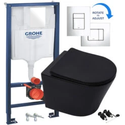 Matt Black Rimless ECO Wall Hung Toilet Pan, Seat & GROHE 38772001 Rapid 1.13m SL 3-in-1 WC Cistern Frame Inc. Plate