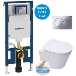 Geberit Toilet Set UP720 Extra-flat Support Frame + SAT Infinitio Rimless Toilet, Invisible Fixings + Chrome Plate (SLIM-Infinitio-N)