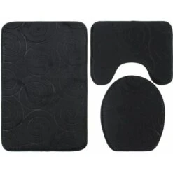 Set Of 3 Non-Slip Mats For Memory Foam Absorbent Bathroom Mats, Toilet Lid Cover, U-Shaped Protective Mat, Black