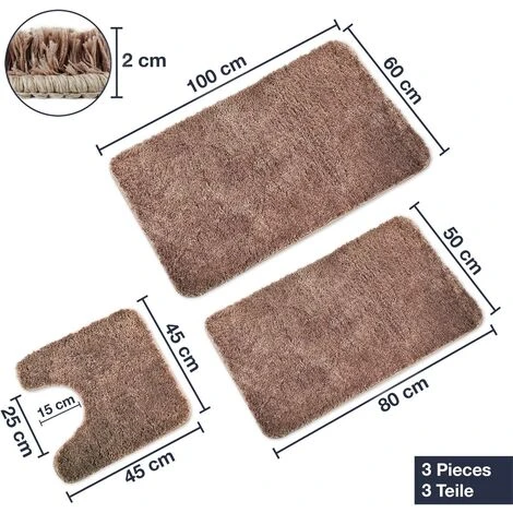 RHAFAYRE Bath Mat Set Of 3 Pieces - 3X Bath Mats (45x45 + 50x80 + 60x100cm) - Non-Slip & Washable Bath Mat - With WC Cutout - Brown - Image 3