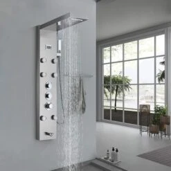 SUGUWORD Thermostatic Shower Tower Panel Temperature Screen 5 Functions,Rainfall And Waterfall Shower Head+Hand Sprayer+Massage Jets+Tub Spout,3 Handles Thermostatic Control Brushed Nickel