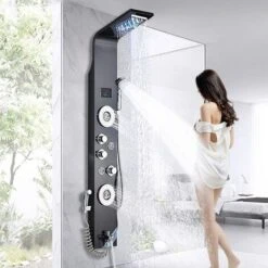 SUGUWORD Shower Panel Tower LED Shower System With 6 Functions Unique Powerful Hydromassage And Bidet Tap Shower Tower Wall Mounted Black