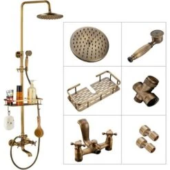 Bathroom Shower Tap Rainfall Shower Head,Hand Spray Tub Tap With Storage Shelf Double Handle Cold And Hot Water Antique Brass Wall Mount Shower Set
