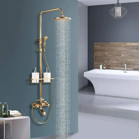 Bathroom Shower Tap Rainfall Shower Head,Hand Spray Tub Tap With Storage Shelf Double Handle Cold And Hot Water Antique Brass Wall Mount Shower Set - Image 2