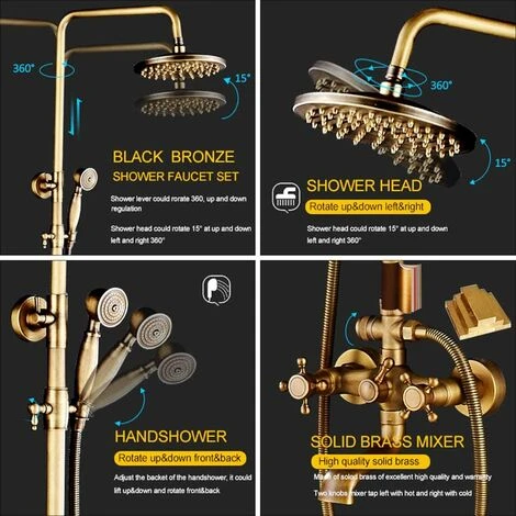 Bathroom Shower Tap Rainfall Shower Head,Hand Spray Tub Tap With Storage Shelf Double Handle Cold And Hot Water Antique Brass Wall Mount Shower Set - Image 3