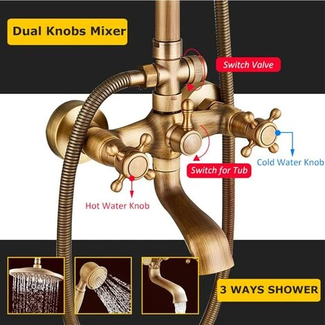 Bathroom Shower Tap Rainfall Shower Head,Hand Spray Tub Tap With Storage Shelf Double Handle Cold And Hot Water Antique Brass Wall Mount Shower Set - Image 4