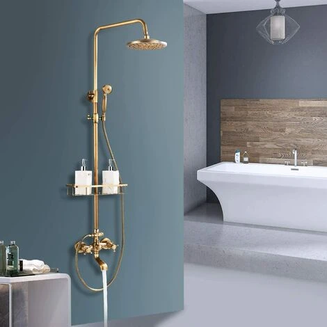 Bathroom Shower Tap Rainfall Shower Head,Hand Spray Tub Tap With Storage Shelf Double Handle Cold And Hot Water Antique Brass Wall Mount Shower Set - Image 5