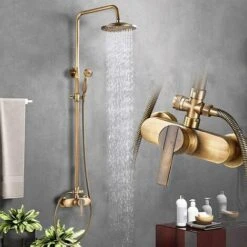 Antique Brass Bath Shower System Wall Mounted 8'' Rainfall Shower Head With Handheld Shower Sprayer Bathroom Mixer Single Handle Shower Tap