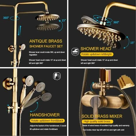 Antique Brass Bath Shower System Wall Mounted 8'' Rainfall Shower Head With Handheld Shower Sprayer Bathroom Mixer Single Handle Shower Tap - Image 2