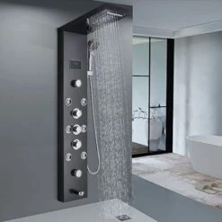 LED Shower Tower Panel Temperature Display Stainless Steel Handheld Sprayer Waterfall And Rainfall Shower Head Massage Jets Multi Function Black Bath Shower System